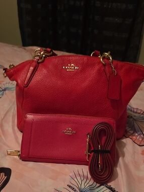 Coach Red Pebbled Leather Satchel with Matching Wallet and Strap